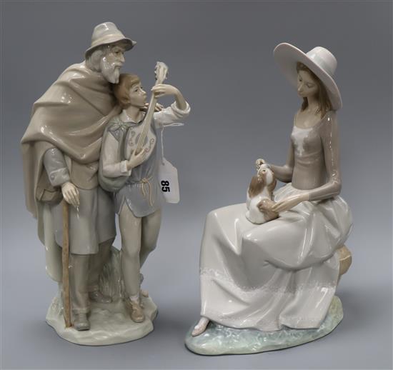Two Lladro figures of a lady with a dog and a man and boy tallest 35.5cm